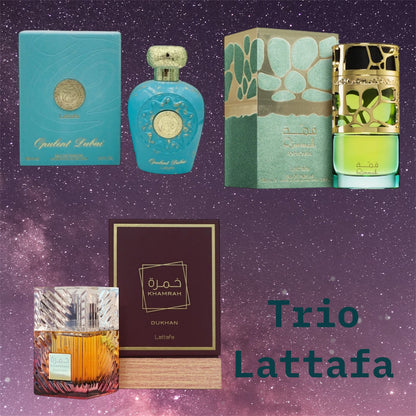 PREVENDITA TRIO Lattafa Opulent Dubai + Qimmah Woman + Khamrah Dukhan edp 100ml