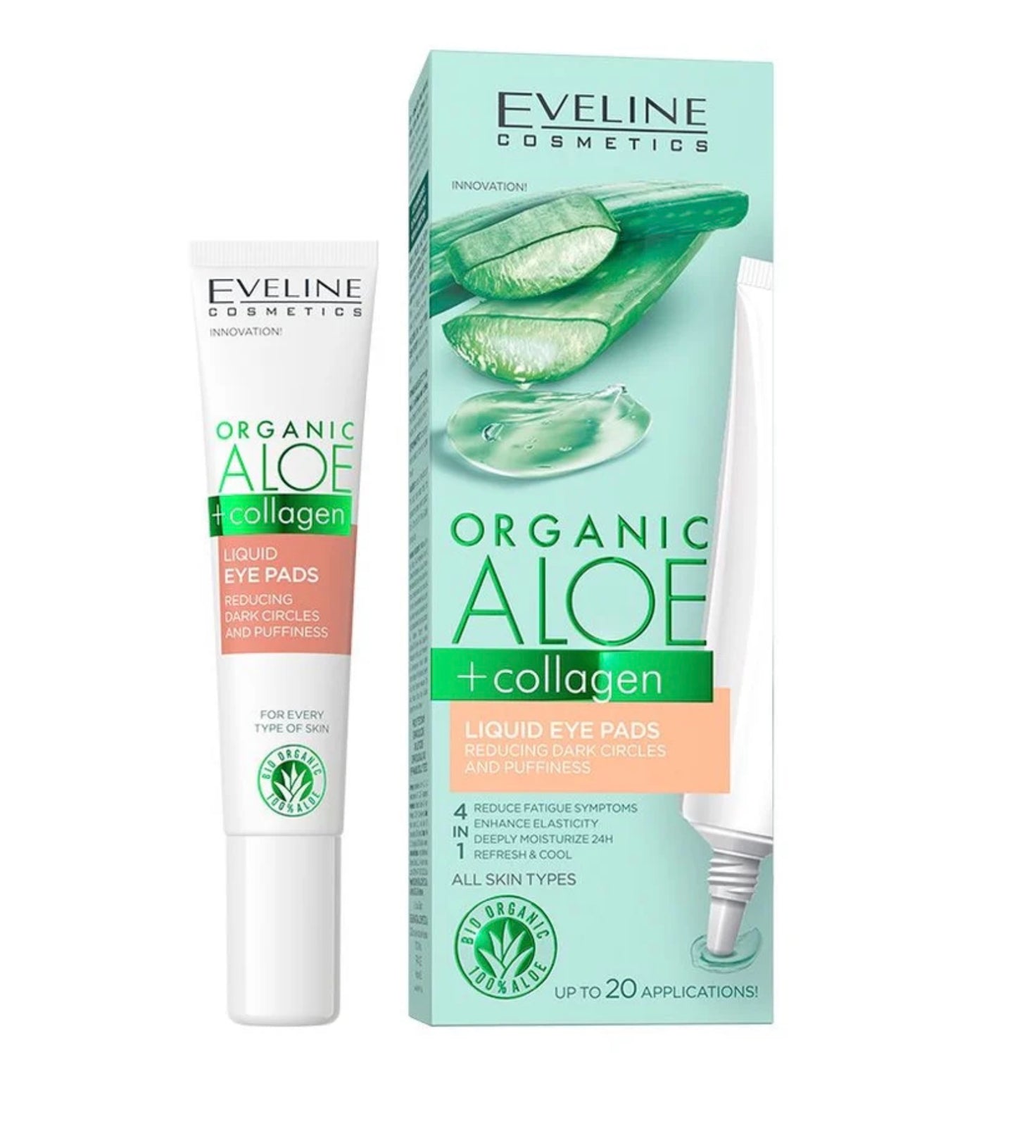 Eveline Cosmetics organic aloe+collagen liquid eye pads reducing dark circles and puffiness