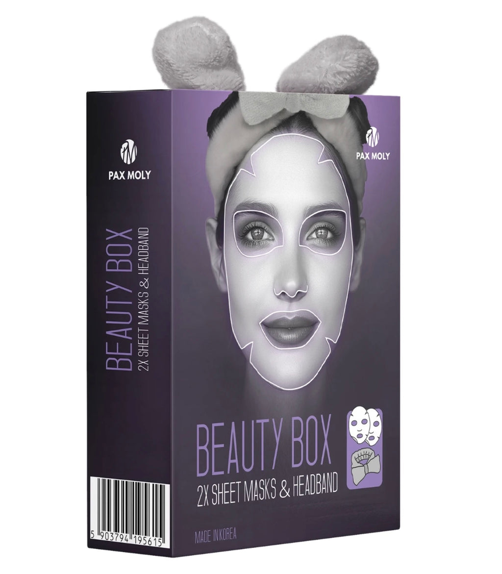 Set de 2 mascarillas de hoja Pax Moly Luxury con diadema cosmética