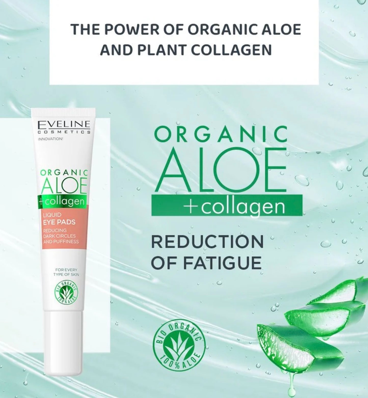 Eveline Cosmetics organic aloe+collagen liquid eye pads reducing dark circles and puffiness